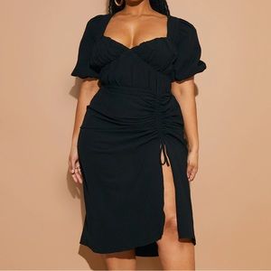 NEW WITH TAGS Puff Sleeve Ruched Side Split Midi Dress